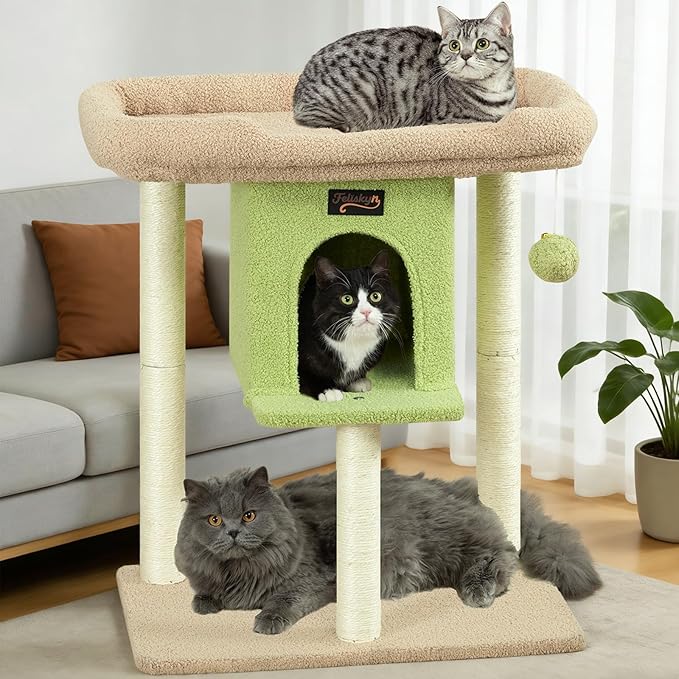 Cat Tree Tower Scratching Post for Indoor Large Cats, Small Cat Tree with Big Perch Bed, 28in Tall Trees House with Condo Cave, Toy Balls, Modern Climbing Furniture Platform for Kitten (Green)