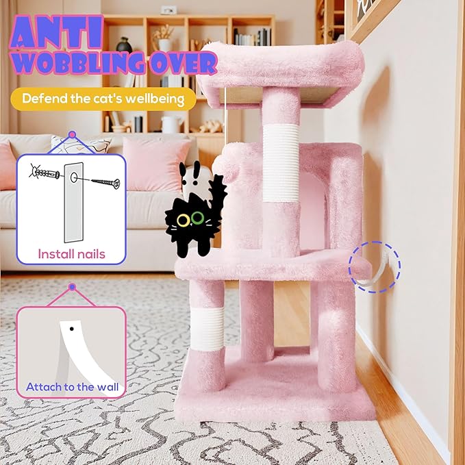 SHA CERLIN 29in Cat Tree for Indoor Cats, Multi-Level Cat Tower with Large Perch, Cozy Condo, Playful Toy Balls, Sisal Scratching Posts, Stable Pet Furniture Activity Center, Space-Saving, Pink