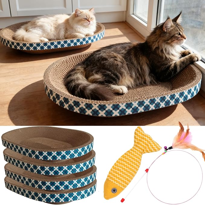 Cat Scratcher Bed with Toys, 4 Pack Oval Cat Scratcher Cardboard, Indoor Cat Scratch Bowl, Large Pad Cat Scratching Board with Catnip Fish Toy & Feather Wand for Furniture Protector