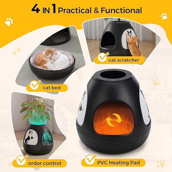 Copod8 Cat Bed Cave for Indoor Cats 4-in-1 Kitten House Cat Bed with Replaceable Scratching Board, Heating Pad, Air Purifier and Artificial Plant for Cats Rabbits Guinea Pigs Small Dogs (Black)