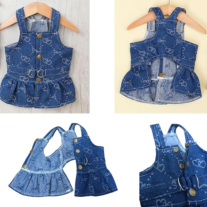 Walking-Ready Pet Jeans - Breathable Denim with D-Ring & Snap Buttons | Matching Heart Symbol Outfits for Dog & Cat Couples | Machine Washable (S-XL) (Large, Skirt with Heart Symbol)
