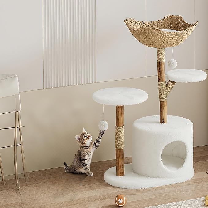 Garvee Wood Cat Tree Tower, Indoor Cat and Natural Wicker Apartment with Cat Catching Column and Bed, Aesthetic Tree Frame