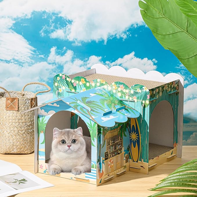 Lineshading 2 Story Cardboard Cat House with Scratcher Pad, Multi Level Durable Cat Scratcher House for Small Kitten Bunny Rabbit Animals Christmas Birthday Gift(17x12x10,Hawaii)