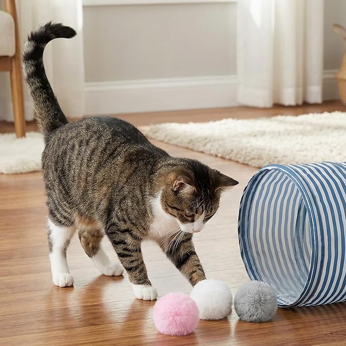 Abeillo 9 Pieces Furry Cat Toys Fuzzy Cat Balls Toys Pom Pom Kitty Ball Cute Rolling Cats Toy Artificial Plush Ball (Pink, Grey, White)