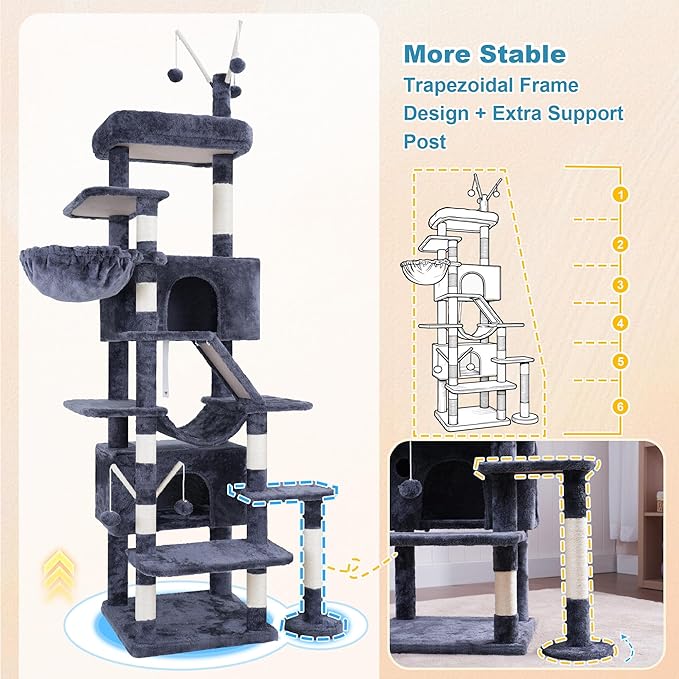 Hey-brother Cat Tree Tower, Sturdy Multi-Level Scratching Posts with Extra Supporting Part, 5 Teaser Toys, 2 Condos, Large Bed, Hammock, Scratch Baord for Indoor Cats, 82.7 Inches, Smoky Gray MPJ082G