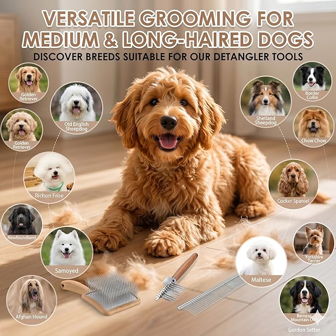 Dog Slicker Brush for Goldendoodles & Poodles - 3-in-1 Dematting Kit with Long Pin Slicker Brush & Dematting Comb - Deep Grooming Tool for Long Haired, Curly Coats, Wooden Handle, Natural