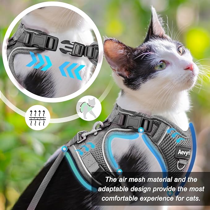 Cat Harness and Leash Set for Walking Escape Proof, Adjustable Soft Kittens Vest with Reflective Strip for Cats, Comfortable Outdoor Vest, Cat Car Leash, Grey, L