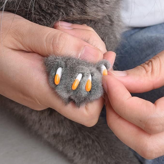 Kitty Caps Nail Caps for Cats Safe, Stylish & Humane Alternative to Declawing Stops Snags and Scratches, X-Small (Under 5 lbs), White with Orange & Clear with Blue Glitter - (Pack of 3)
