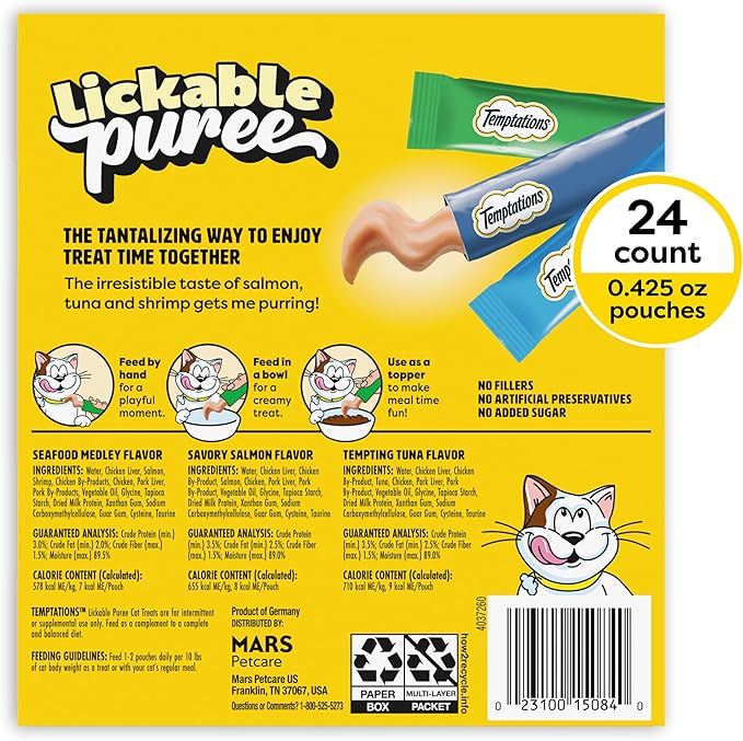 Temptations Creamy Puree Squeezable Lickable Cat Treats, Wet Cat Treats with Tuna, Salmon, and Seafood Medley Variety Pack, 0.42 oz. Tubes, 24 Count