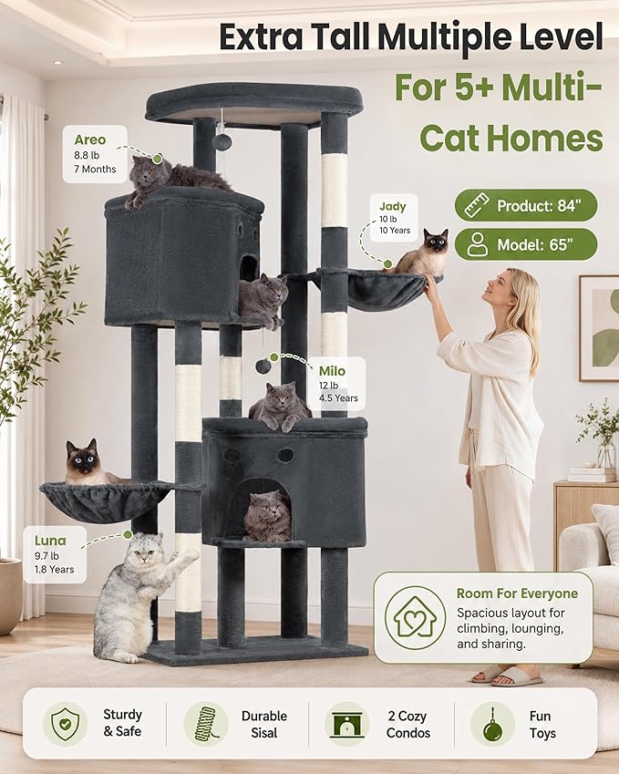 Extra Large Cat Tree, 84 Inch XXL Giant Cat Tower for Indoor Cats Large Adult 20lb+, Multi-Level Cat Climbing Condo with 5 Scratching Posts, 3 Wide Platform, 2 Baskets, 2 Cat Houses