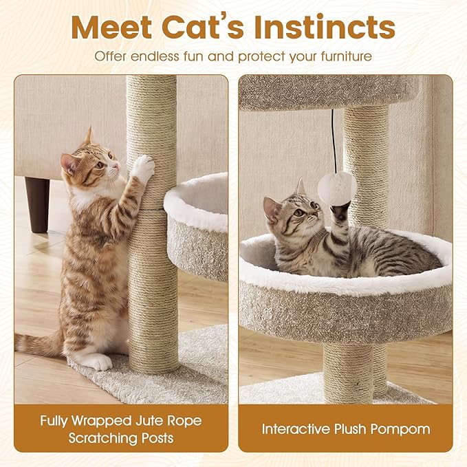 PETSITE 24-inch Small Cat Tree, Multi-Level Modern Cat Tower with Scratching Posts, 2 Comfy Cat Beds, and Interactive Hanging Ball, Ideal for Indoor Cats and Kittens (24-inch Tall)