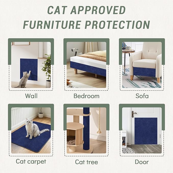 Cat Scratch Couch Protector 78.7"x15.8" – Self-Adhesive Furniture Protector from Cat Scratching, DIY Couch & Wall Shield, Trimmable Anti Scratch Mat for Indoor Sofa Bed Carpet，Navy
