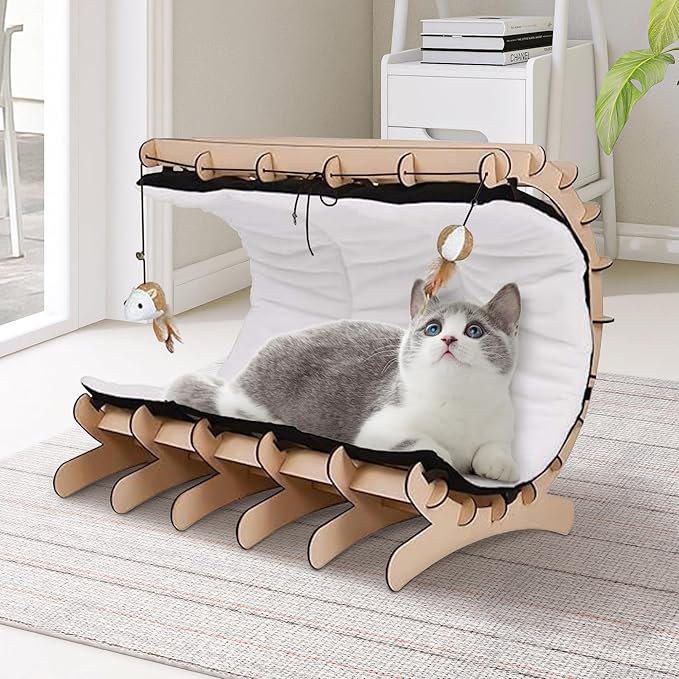 Upgraded Wooden Cat Bed with Plush Cushion – Semi-Cylinder Raised Cat Hammock Bed for Indoor Cats, Washable Pet Bed Support for Kittens, Large & Small Cats – Durable Cat Furniture & Cozy Cat Beds
