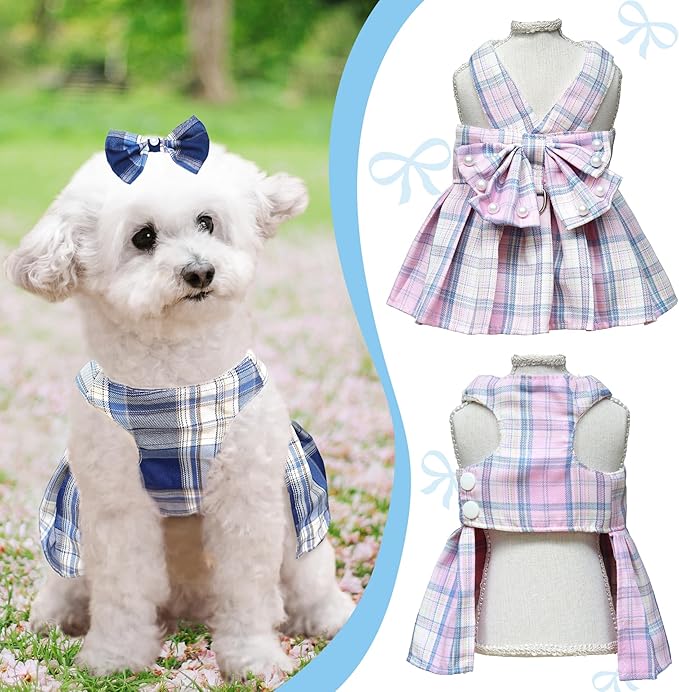 Dog Dress Bowknot Harness Leash Set for Small Dogs Girl Cute Plaid Dog Dress Pearls Bow Tie Spring Summer Princess Clothes Birthday Holiday Doggie Outfits for Puppy Cats Girl Apparel (Pink, Large)