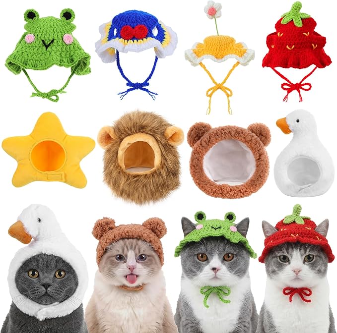 8 Pcs Cat Costume Hats, Cat Costume Halloween Bear Hat Outfit with Ears, Lion Pet Hat, Funny Pet Hats for Kitten and Small Dogs Puppy Party Christmas Easter Accessory Headwear