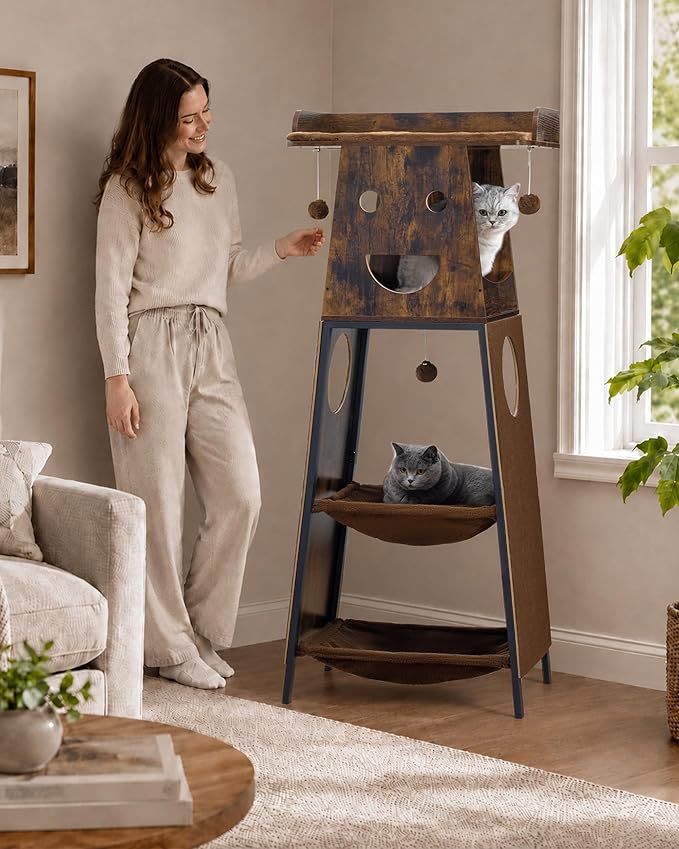 Modern Wood Cat Tree for Indoor Cats, 56 Inch Tall Cat Tower with Hammock, Multi-Level Trees with Perch Bed, 2 Hammock, Cat Condo, Scratching Board, Removable Pad, Cat Furniture, Rustic Brown