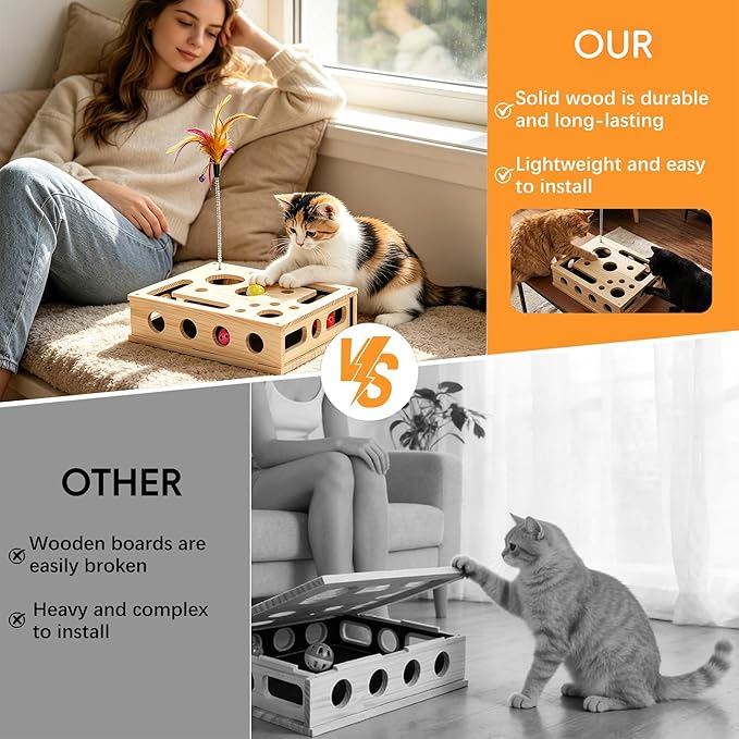 Cat Puzzle Toy & Cat Treat Puzzle, Interactive Cat Scratch with Sandpaper, Cat Scratcher & Nail File, Kitten Toys Cat Claw Saver Box – for Indoor Cat Stress Relief & Claw Care