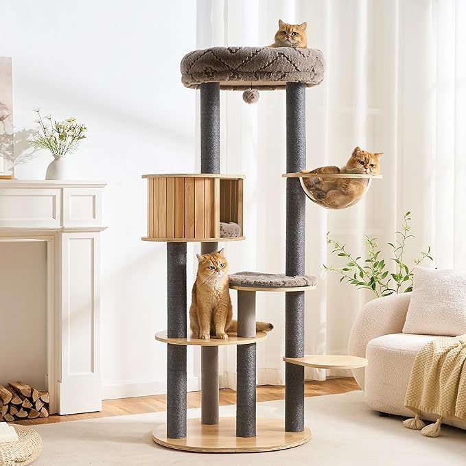 797Audio Wood Modern Cat Tree, 65" Cat Tower with Sisal Scratching Posts, Cat Condo, Capsule and Bed, Solid Wooden Aesthetic Multi-Level Cat Climbing Tree for Large Adult Indoor Maine Coon Cats-Gray