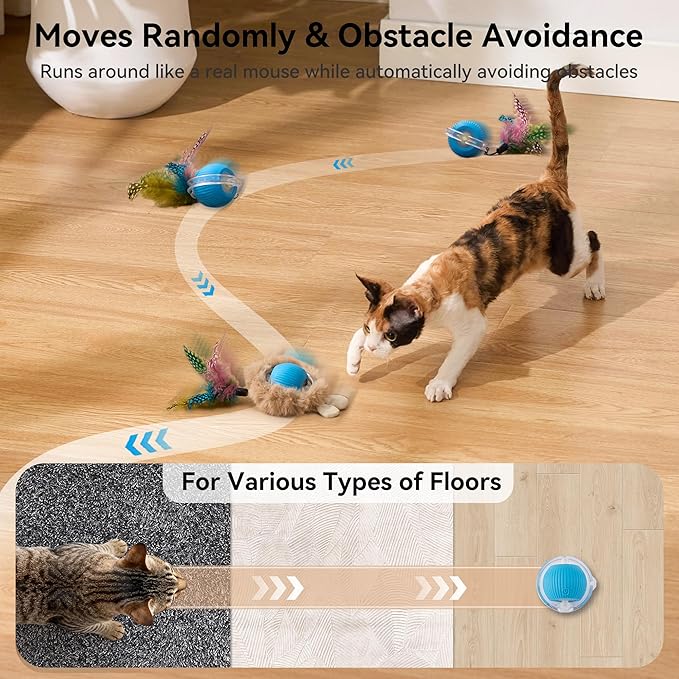 ZOMISIA Interactive Cat Toy Ball, Hide and Seek Cat Toys in Play Mat, Moving Rolling Kitten Toys for Indoor Bored Cats, Motion Activated Rechargeable Kitty Toys with 3 Tails/LED Light/Bird Chirping