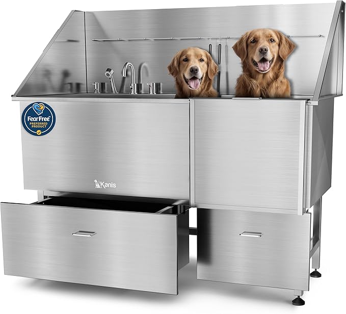 KANIS Professional Dog Washing Station 304 Stainless Steel Pet Wash Sink & Grooming Bathtub w/Shower, Floor Grates and Storage for Large, Medium & Small Pets (Silver, 61 Inches, Right Ramp, 2 Drawers)