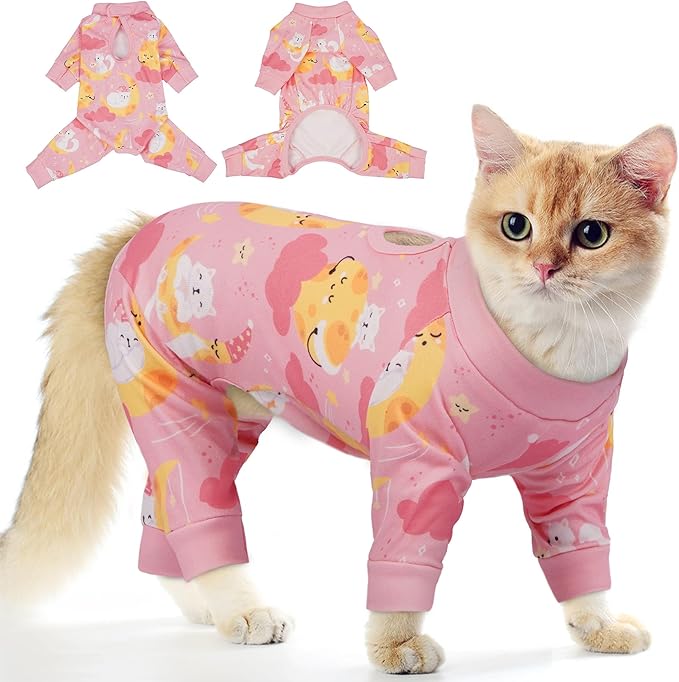 PUMYPOREITY Cat Recovery Suit, Stops Wound Licking After Surgery, Sticky Hair Shirt with Sticky Fabric, Cat Pajamas Prevents Over-Grooming, Kitten Onesie - Soft & Machine Washable, Pink, S