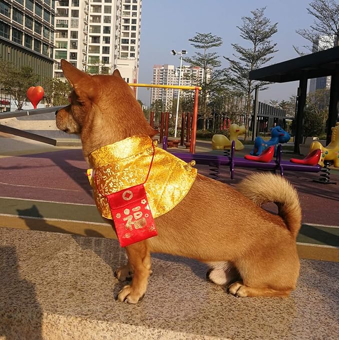 Cat Clothes,New Year's Cloak Dog Clothes Red Pet Cheongsam Cloak Clothes for Cats Small Dogs Puppy(Gold,L)