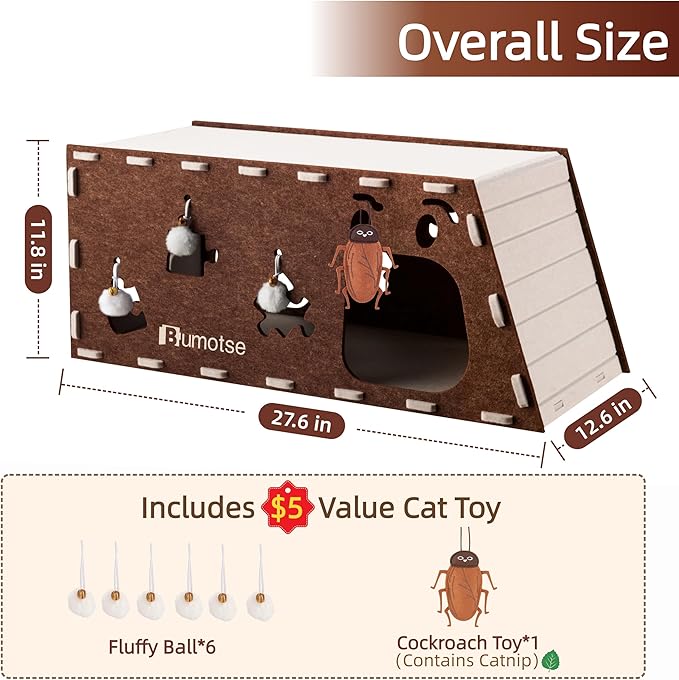 Interactive Felt Cat Tunnel for Indoor Cats with Catnip Toy, Modular Cat Cave House for Scratching, Play, Hiding & Sleeping, Durable Washable Cat Condo for Large Cats Up to 22LB, Coffee