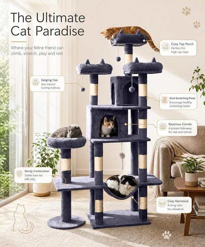 Heavy Duty Cat Tree for Indoor Cat, 71 Inch Large Cat Tower with Scratching Post and Top Perch, Hammock, Big Cat Condo for Adult Cats Kittens, PMT03DG, Dark Grey
