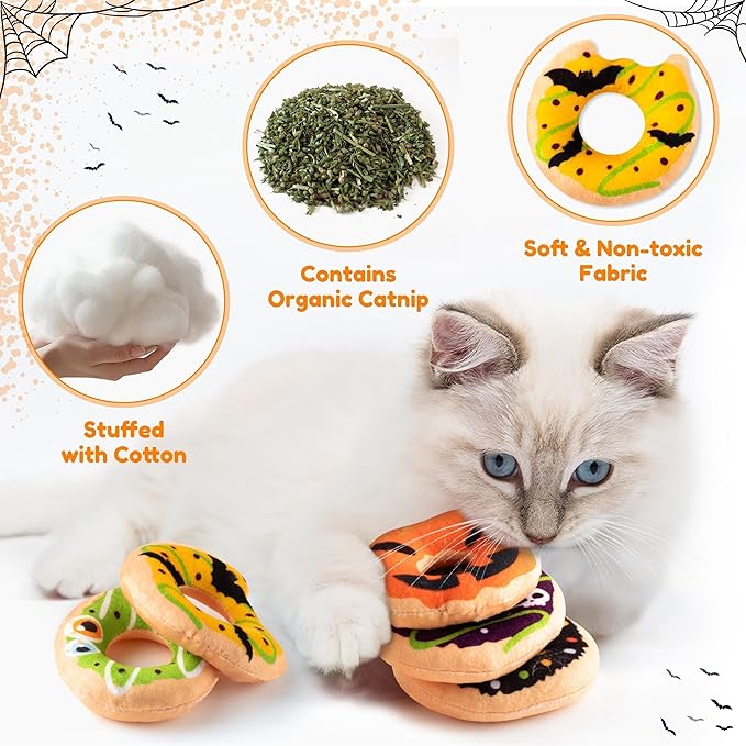 L1rabe Summer Catnip Cat Toys - 5Pcs Pet Days Donut Catnip Stuffed Kittens Supplies, Funny Pumpkin Bat Spider Dessert Pet Toys, Fun Cats Chew Bite Teething Tool Catmint Birthday Interactive Supplies