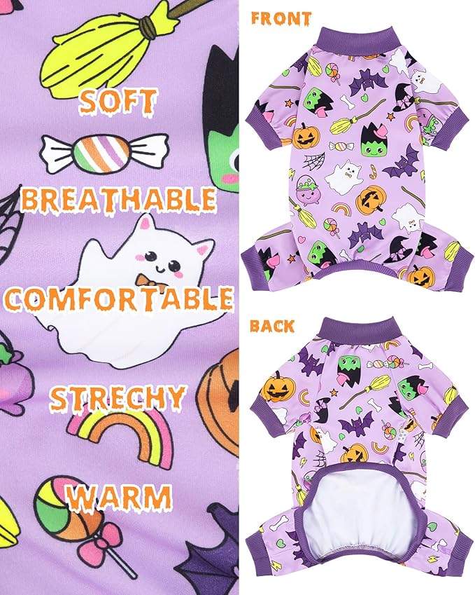 XPUDAC Halloween Dog Clothes Comfy Strechy Puppy Pajamas Cute Pet Onesies for Small Medium Dogs Boy Girl Cat Apparel Pet Outfit Purple, XS