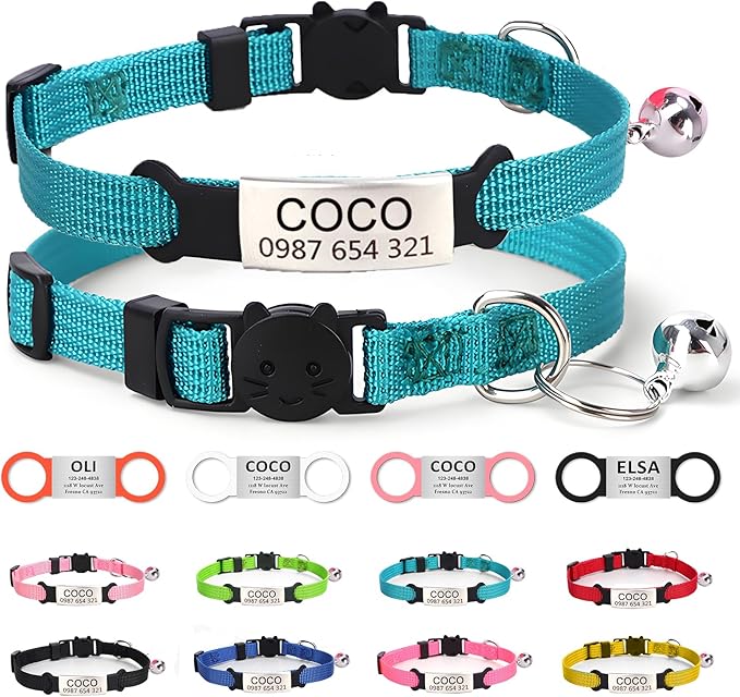 Cat Collar with Name tag, Adjustable and Durable Polyester Personalized cat Collar with Bell, Custom Carved pet Name and Phone Number, Suitable for Boys and Girls Cats,Teal