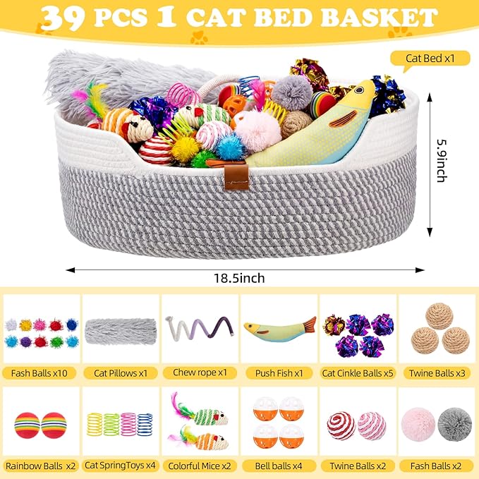Leitee Sunmmer Cat Bed Storage Basket with 40 Pcs Cat Variety Toys Pack Set Includes Pillows, Spring Toy, Fish, Chew Rope and Balls for Kitten Kitty Swat Hunt Interactive Pet(White,Grey)