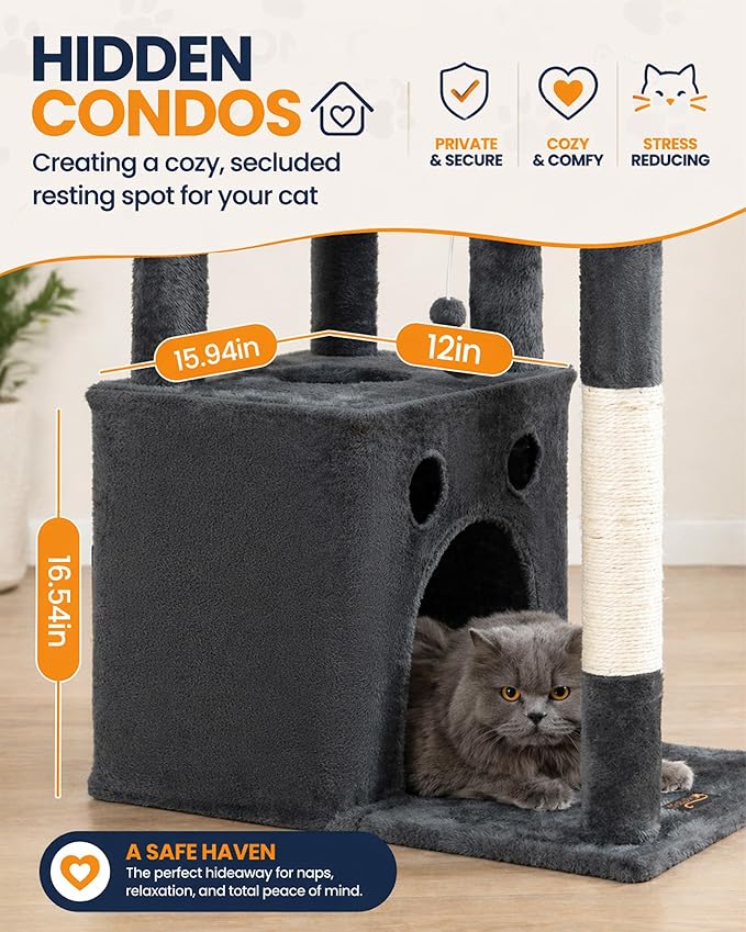 Multi-Level Cat Tree Tower for Indoor Cats, 67 inch Tall XL Heavy Duty Climbing Tower with 3 Large Platform, Scratching Post, Hammock, Kitty Condo for Multiple Cats, Extra Large Cat Trees, Dark Grey