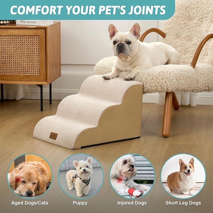 COZY KISS Dog Stairs for Small Dogs 13" H, 3-Step Slope Curved Dog Steps for Couch, Chair or Bed, Sturdy Pet Stairs for Puppy, Older Cat, Cat Ladder with High Density Foam, 15.7x20x13 inch, Beige