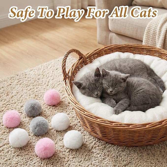 Abeillo 9 Pieces Furry Cat Toys Fuzzy Cat Balls Toys Pom Pom Kitty Ball Cute Rolling Cats Toy Artificial Plush Ball (Pink, Grey, White)
