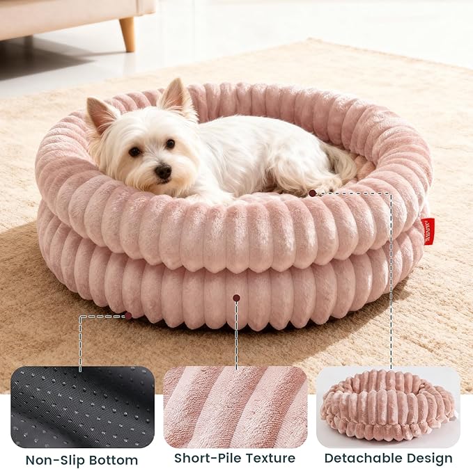 Cat Beds for Indoor Cats, Machine Washable Orthopedic Donut Dog Bed for Small Dogs, Fluffy Warm Thermal Round Pet Bed with Anti-Slip Bottom for Puppy and Kitten, Dark Pink, 20"x20"x6.5"