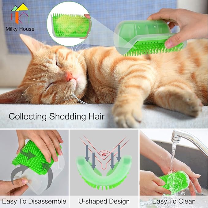 Self Groomer for Cats - 4PACK Slicker Brushes, All-In-One Grooming Tool with Wall Corner Scratcher, Trimmer, Massage Combs for Short & Long Fur Pets