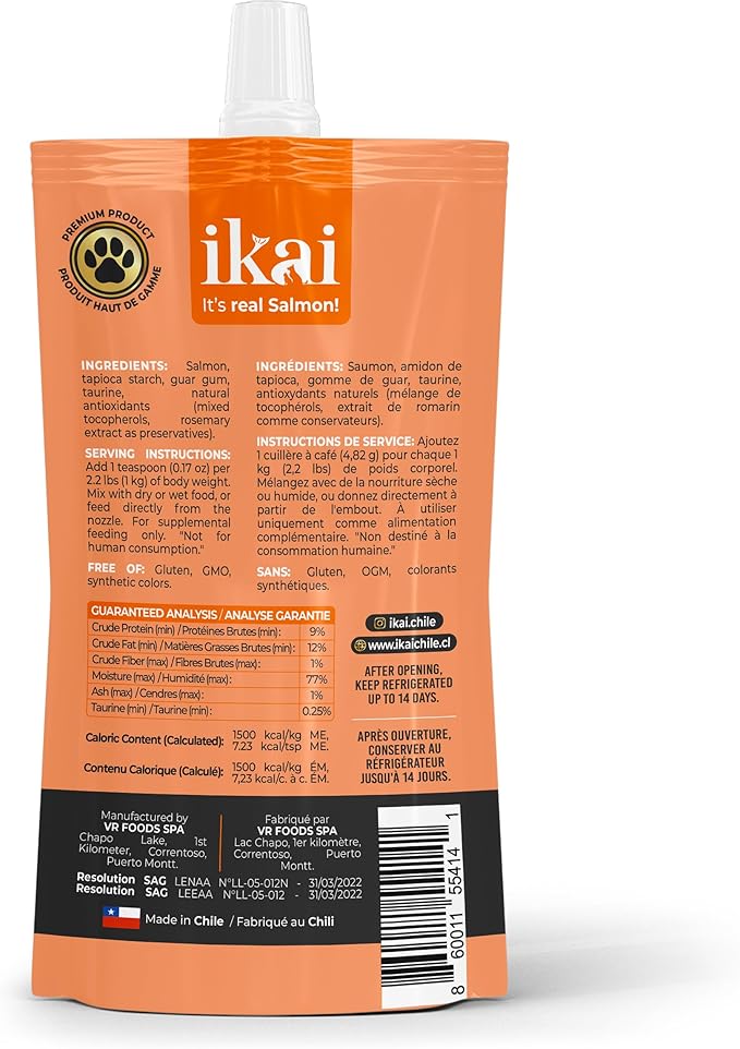 IKAI - Lickable Wet Cat Treats - Patagonian Salmon from Chile, No By-Products, Highly Digestible Protein, with Omega 3 & 6 for Healthy Skin & Glossy Coat - 2.11 oz (1 Pack, Salmon)