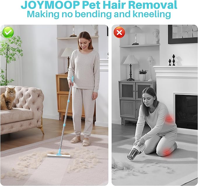 JOYMOOP 2 PCS Pet Hair Remover Set, 63" Adjustable Long Handle Rake and Short Handle Lint Scraper for Carpet, Sofa, Couch and Cloth, Metal & Silicone Fur Cleaning Tools for Cat and Dog