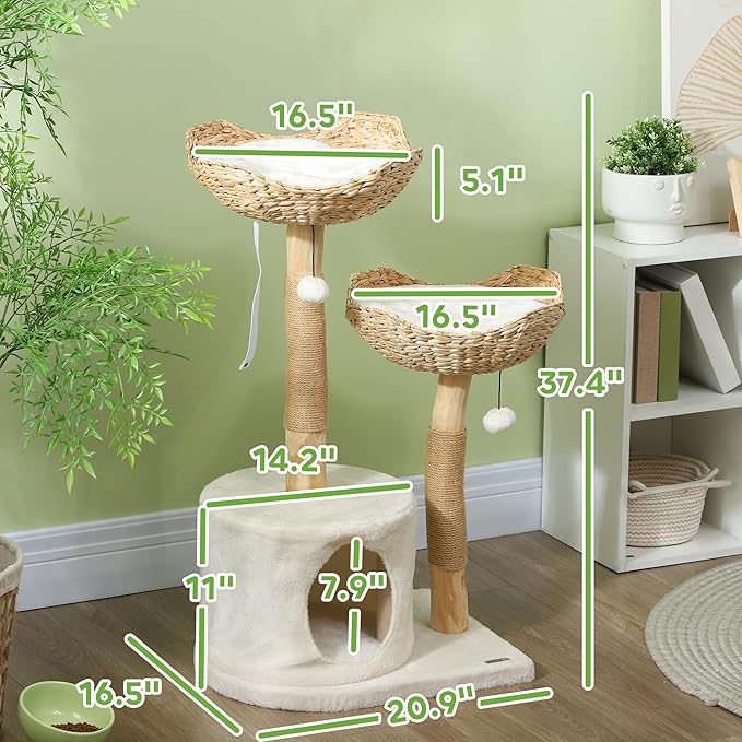 PawHut Cat Tree, 37" Cat Tower for Indoor Cats, Modern Cat Scratching Post with Wooden Posts, Cat Condo, Cat Beds, Toy Balls, Washable Cushions, Anti-Tip Kit, for Kittens & Adult Cats