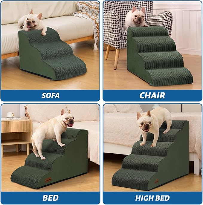 Aodisman Dog Steps for Bed, 4-Step Dog Stairs Ramp for Small Dogs and Cats, Indoor Non-Slip Pet Stairs Suitable for Older, Short-Legged, and Puppy Dogs to Climb Onto High Beds and Couch, 17.4" H,Green