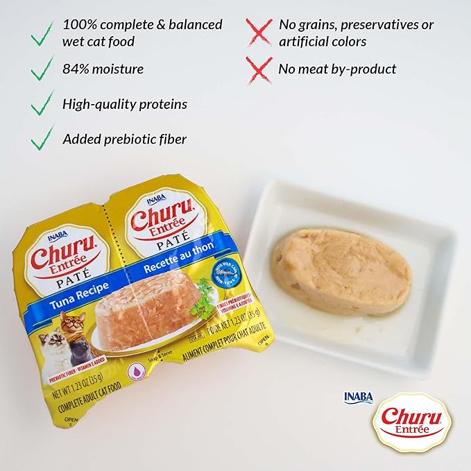 INABA Churu Entrée Pate for Cats, High Protein & Moisture, Prebiotic Wet Cat Food, 1.23oz. per Serving, 24 Servings, Chicken Variety