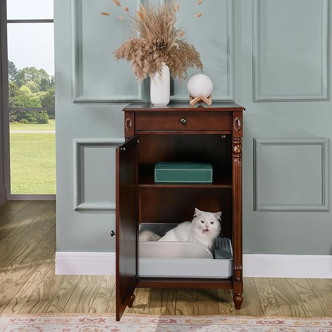 Solid Wood Cat Litter Box Enclosure, Hidden Litter Box Furniture, Wooden Pet House Storage Cabinet, Wooden Floor Cabinet for Hallway, Entryway or Living Room Home Decor, Cherry Walnut
