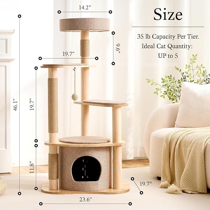 797Audio Modern Wood Cat Tree Tower, 46" Aesthetic Cat Tree with Natural Pine Wood Scratching Posts and Condo for Adult Cats, Solid Rubber Wooden & Linen Cat Tree,Multi-Level Tree for Indoor Cat