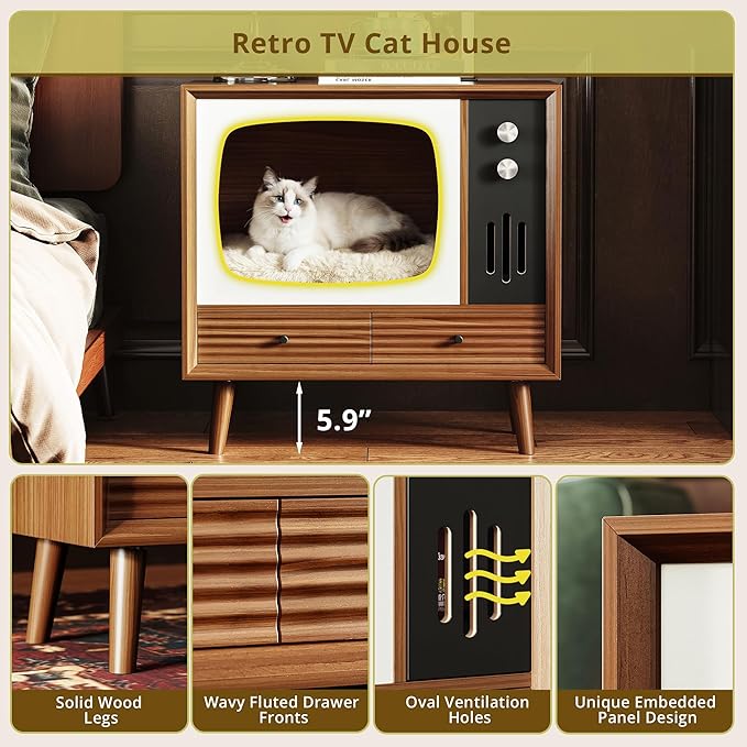 IRONCK TV-Shaped Cat House for Indoor – Vintage Wooden Cat Condo with Drawers, 2-in-1 Side Table & Nightstand for Living Room, Walnut