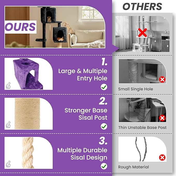 59in Large Cat Tree Tower for Indoor Cats with Soft Plush Hang Ball, Two Condos, Sisal Scratch Posts & Rope Play for Kittens/Adult Cats, Purple