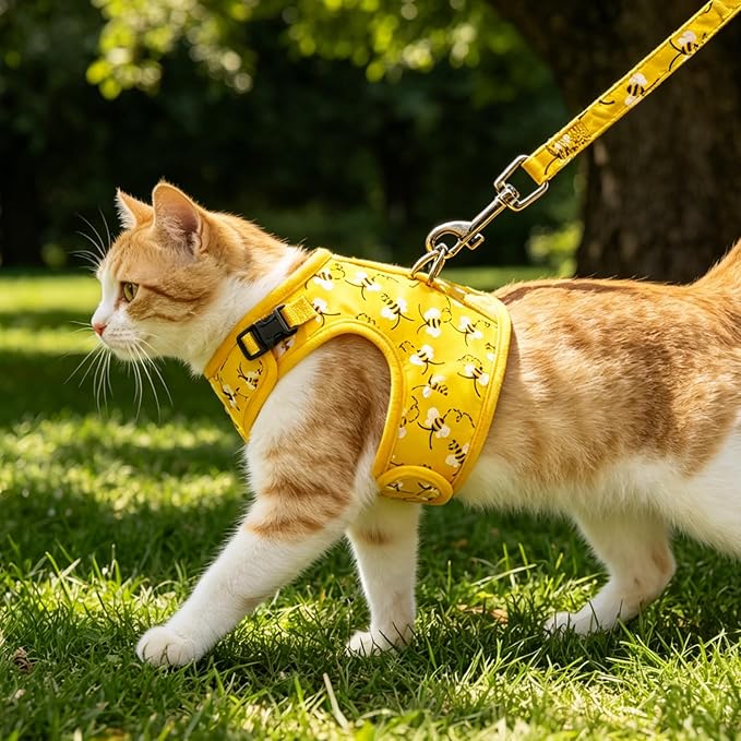 BINGPET Cat Harness with Leash and Collar for Walking - Escape Proof with 59 Inches Leash - Adjustable Soft Vest Harnesses for Medium Large Cats Bee