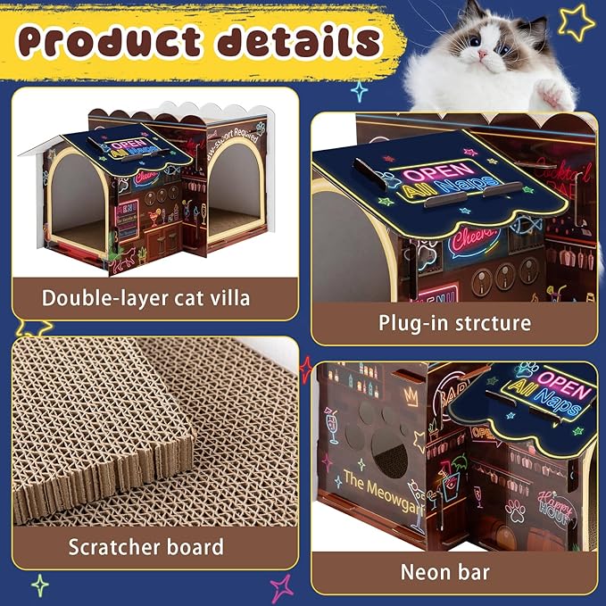 Lineshading 2 Story Cardboard Cat House with Scratcher Pad, Multi Level Durable Cat Scratcher House for Small Kitten Bunny Rabbit Animals Christmas Birthday Gift(17x12x10,Bar)