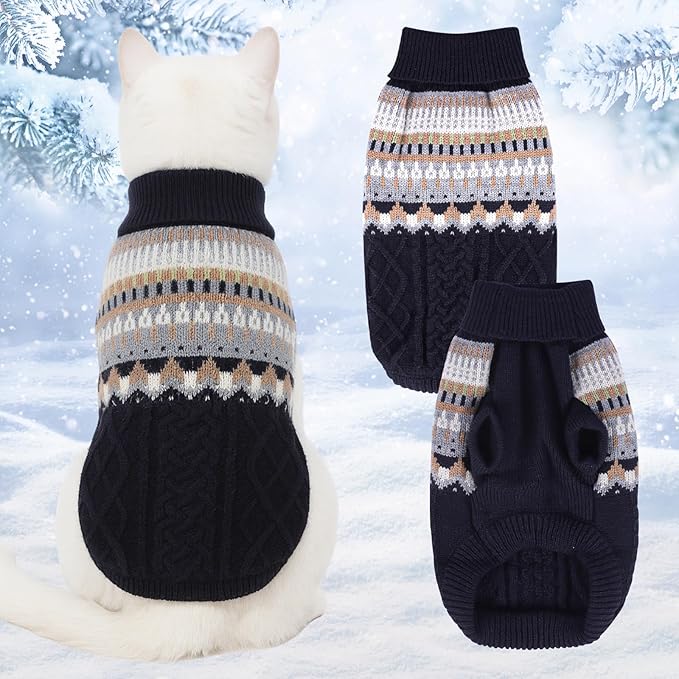 Knit Dog Sweater Turtleneck Cat Cold Weather Pullover Pet Vintage Cable Thick Warm Winter Clothes for X Small Dogs Cats Medium Pug Dachshund Yorkie (Navy, X-Small)