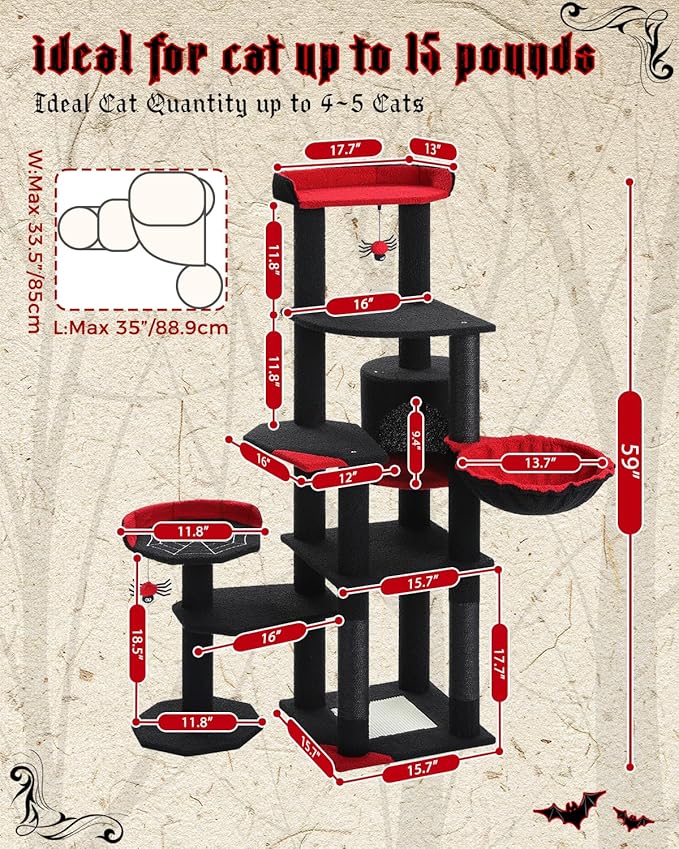 MUTTROS 59" Gothic Cat Tree with Coffin Bed-Black Cat Tower for Indoor Cats with Spacious Cat Condo & Cozy Hammock, Spider Hanging Balls, Sisal Scratching Post and 2 Spooky Perches for Halloween